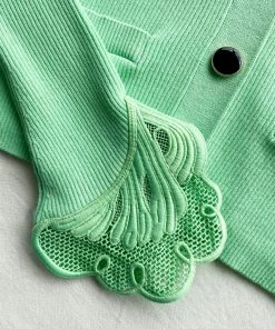 Self-portrait READY TO WEAR Spearmint Inserted Lace Ribbed Knit Cardigan