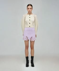 Self-portrait Ivory Inserted Lace Ribbed Knit Cardigan READY TO WEAR