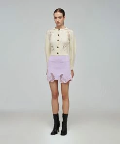 Self-portrait Ivory Inserted Lace Ribbed Knit Cardigan READY TO WEAR