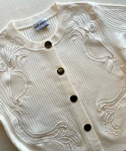 Self-portrait Ivory Inserted Lace Ribbed Knit Cardigan READY TO WEAR