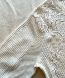 Self-portrait Ivory Inserted Lace Ribbed Knit Cardigan READY TO WEAR