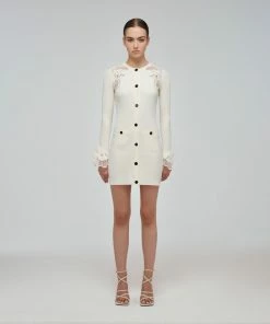 Self-portrait READY TO WEAR Ivory Inserted Lace Ribbed Knit Buttoned Dress