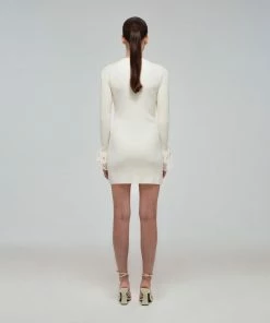 Self-portrait READY TO WEAR Ivory Inserted Lace Ribbed Knit Buttoned Dress