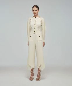 Self-portrait Ivory Inserted Lace Ribbed Knit Trouser