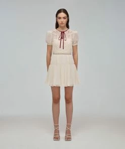Self-portrait READY TO WEAR Ivory Macrame Lace Chiffon Mini Dress