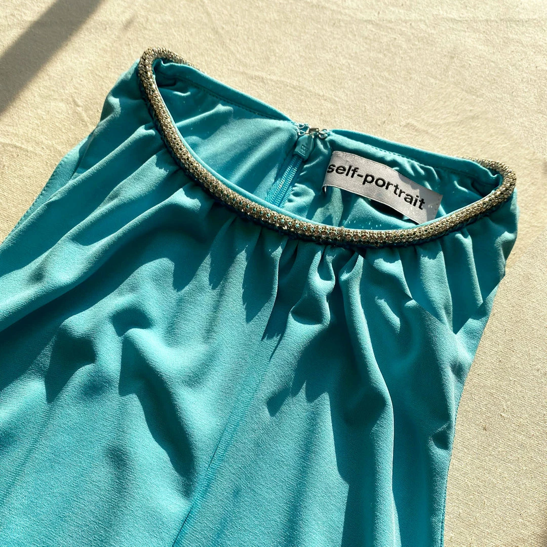 Self-portrait Tropical Blue Jersey Halter Midi Dress READY TO WEAR