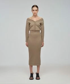 Self-portrait Taupe Ribbed Knit Slouchy Midi Dress READY TO WEAR