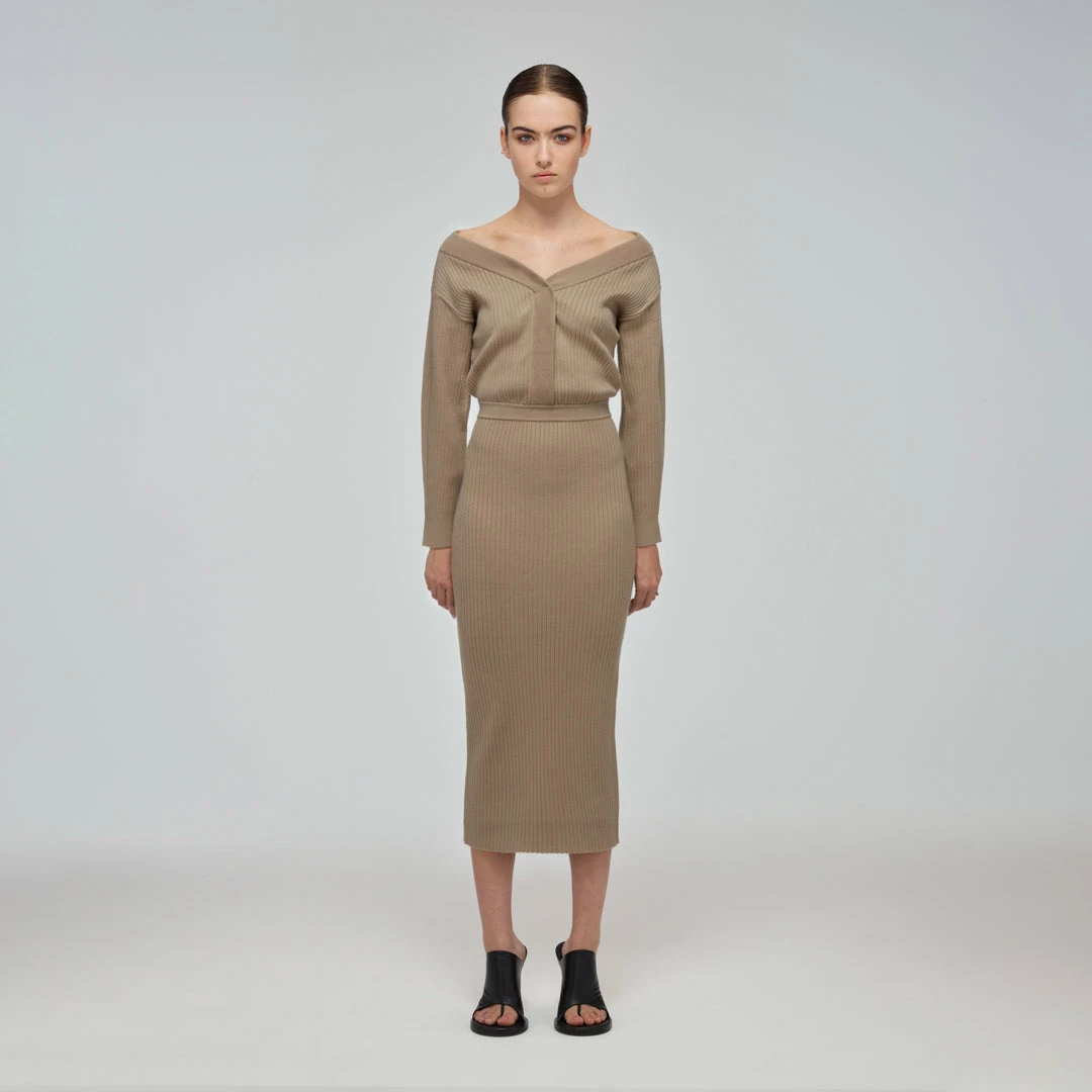 Self-portrait Taupe Ribbed Knit Slouchy Midi Dress READY TO WEAR