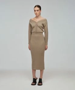 Self-portrait Taupe Ribbed Knit Slouchy Midi Dress READY TO WEAR