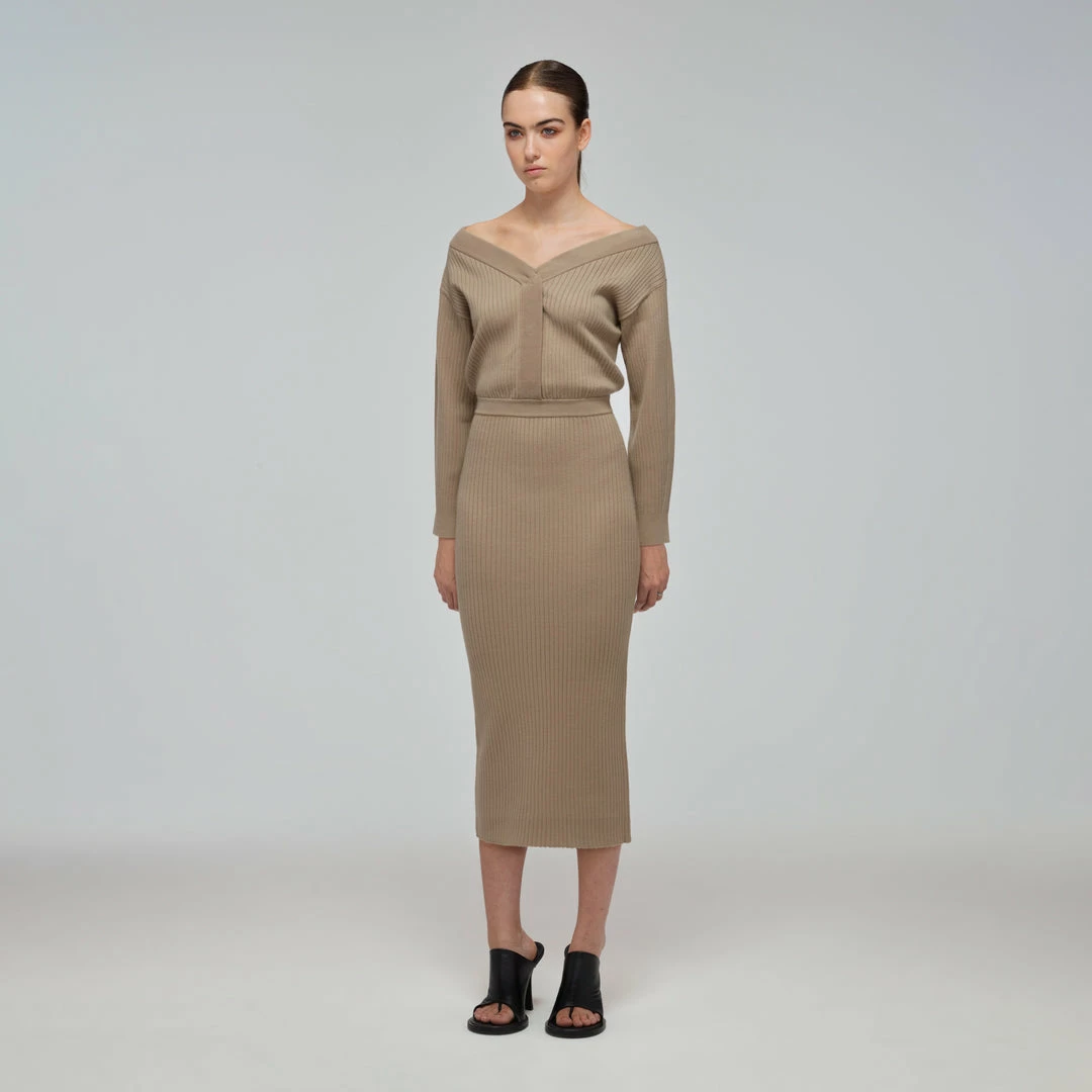 Self-portrait Taupe Ribbed Knit Slouchy Midi Dress READY TO WEAR