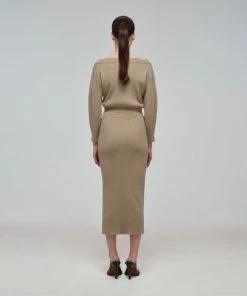 Self-portrait Taupe Ribbed Knit Slouchy Midi Dress READY TO WEAR