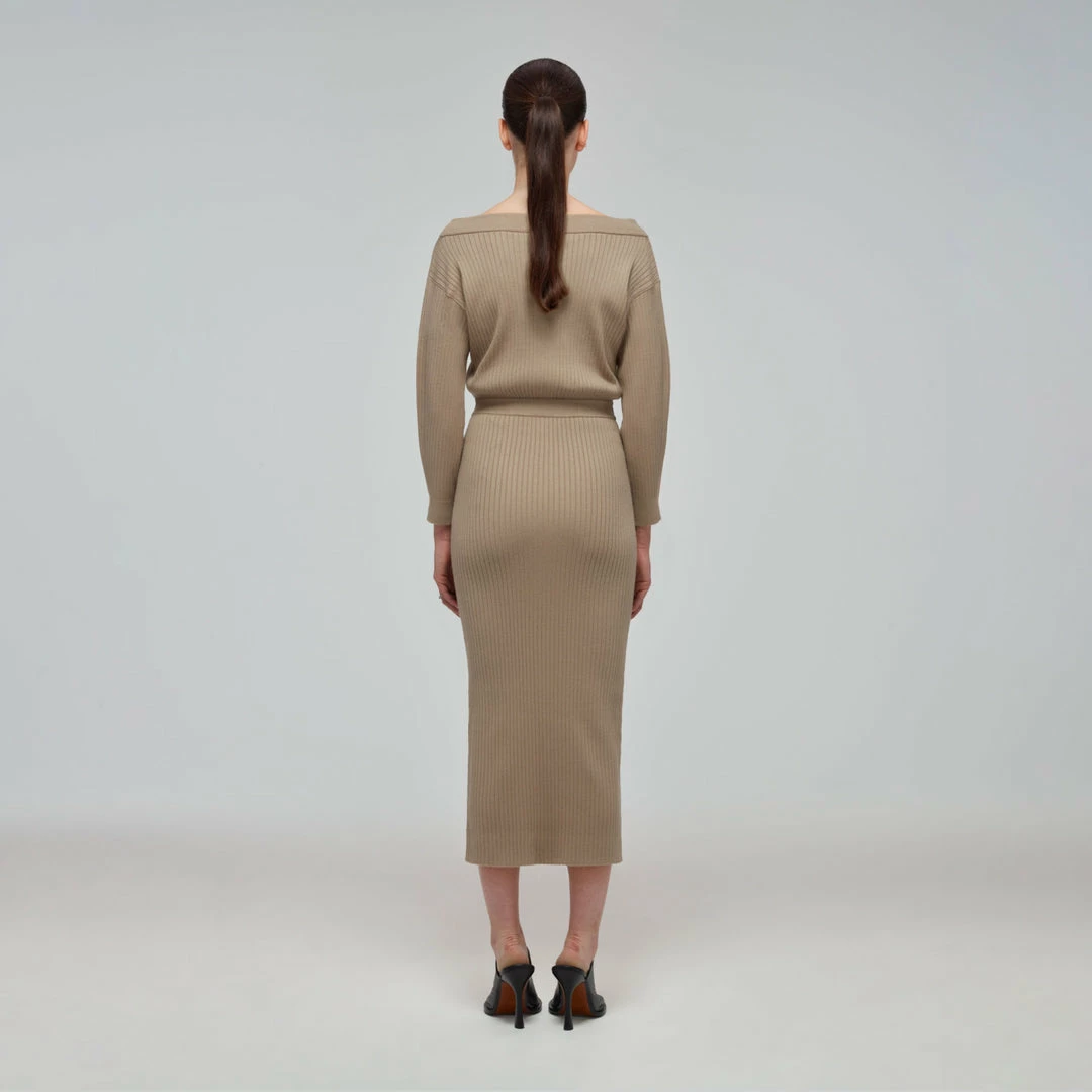 Self-portrait Taupe Ribbed Knit Slouchy Midi Dress READY TO WEAR