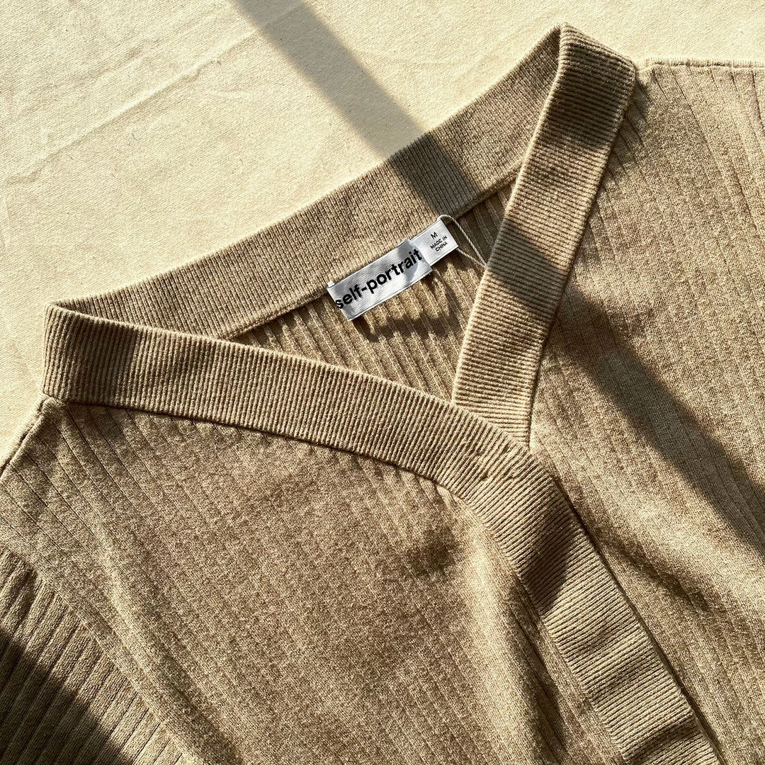 Self-portrait Taupe Ribbed Knit Slouchy Midi Dress READY TO WEAR