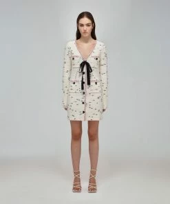 Self-portrait READY TO WEAR Ivory Contrast Yarn Button Down Knit Dress