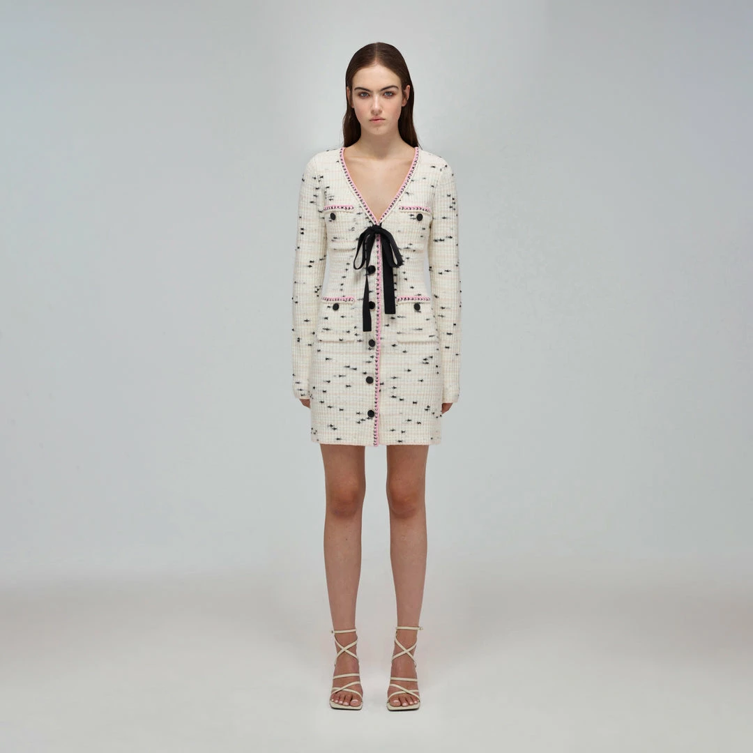 Self-portrait READY TO WEAR Ivory Contrast Yarn Button Down Knit Dress