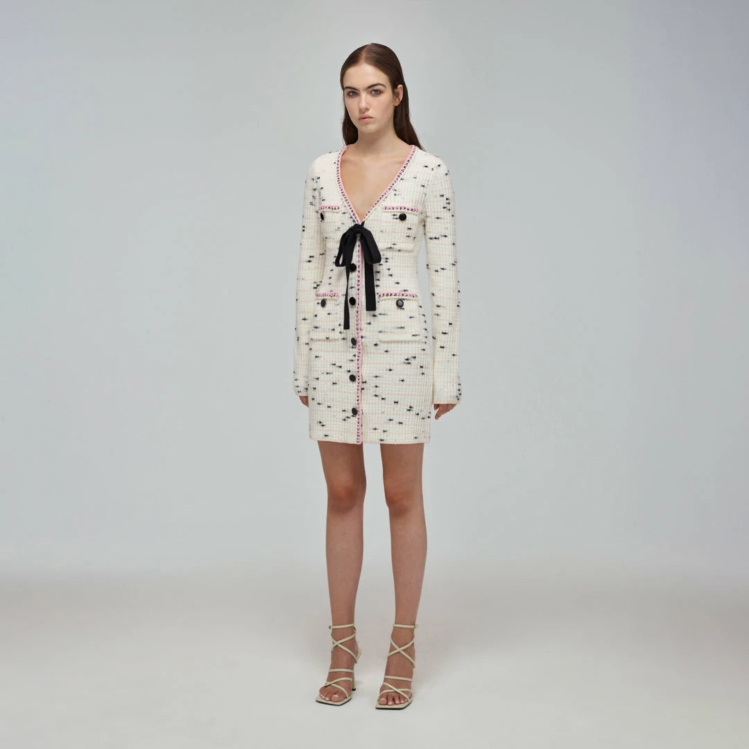 Self-portrait READY TO WEAR Ivory Contrast Yarn Button Down Knit Dress