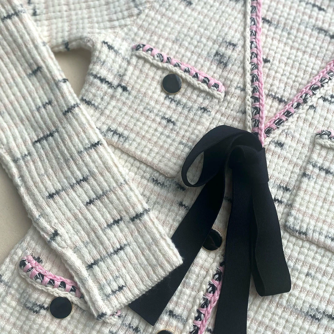 Self-portrait READY TO WEAR Ivory Contrast Yarn Button Down Knit Dress