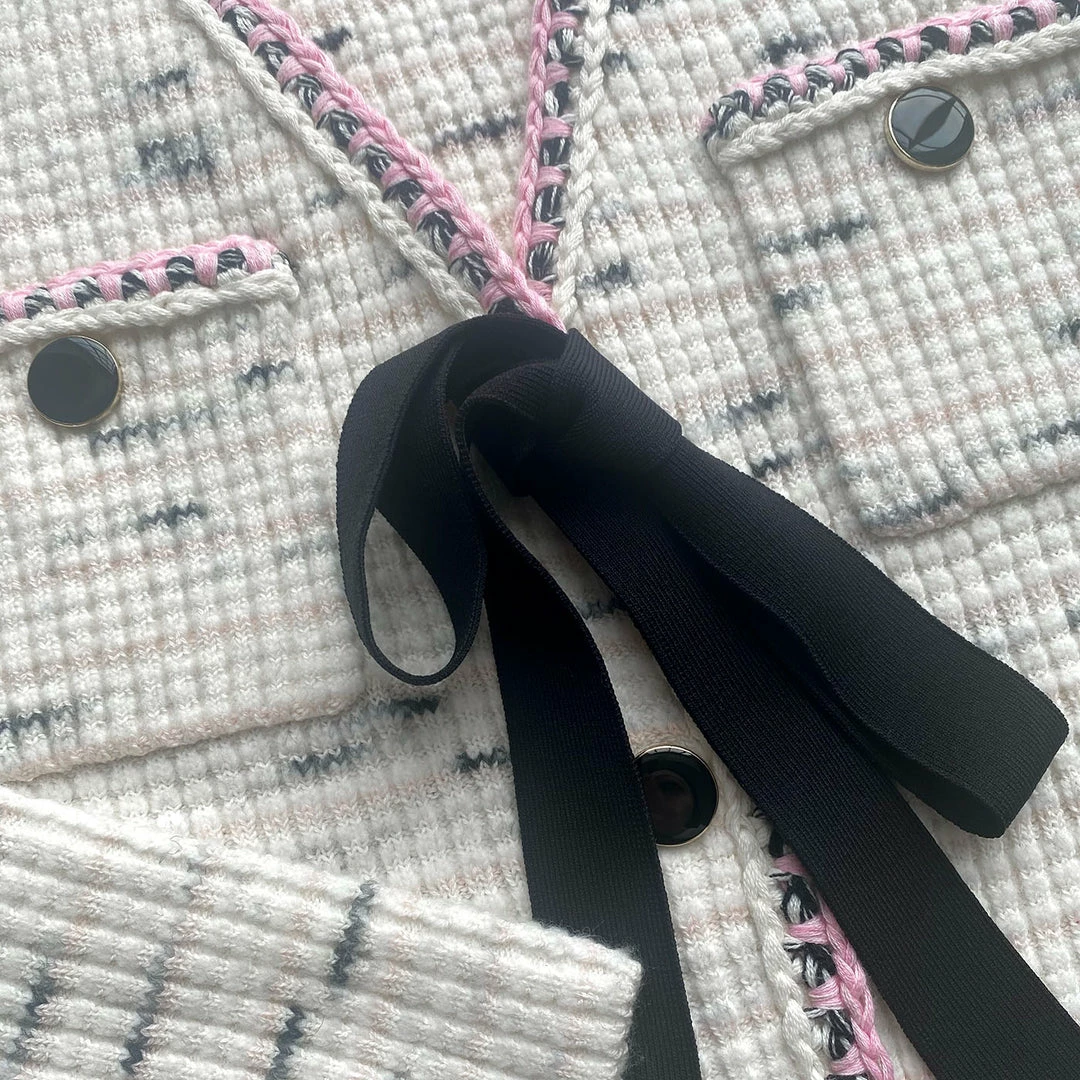 Self-portrait READY TO WEAR Ivory Contrast Yarn Button Down Knit Dress