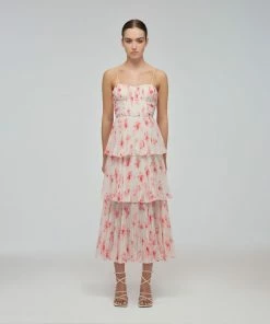 Self-portrait Floral Print Chiffon Tiered Midi Dress