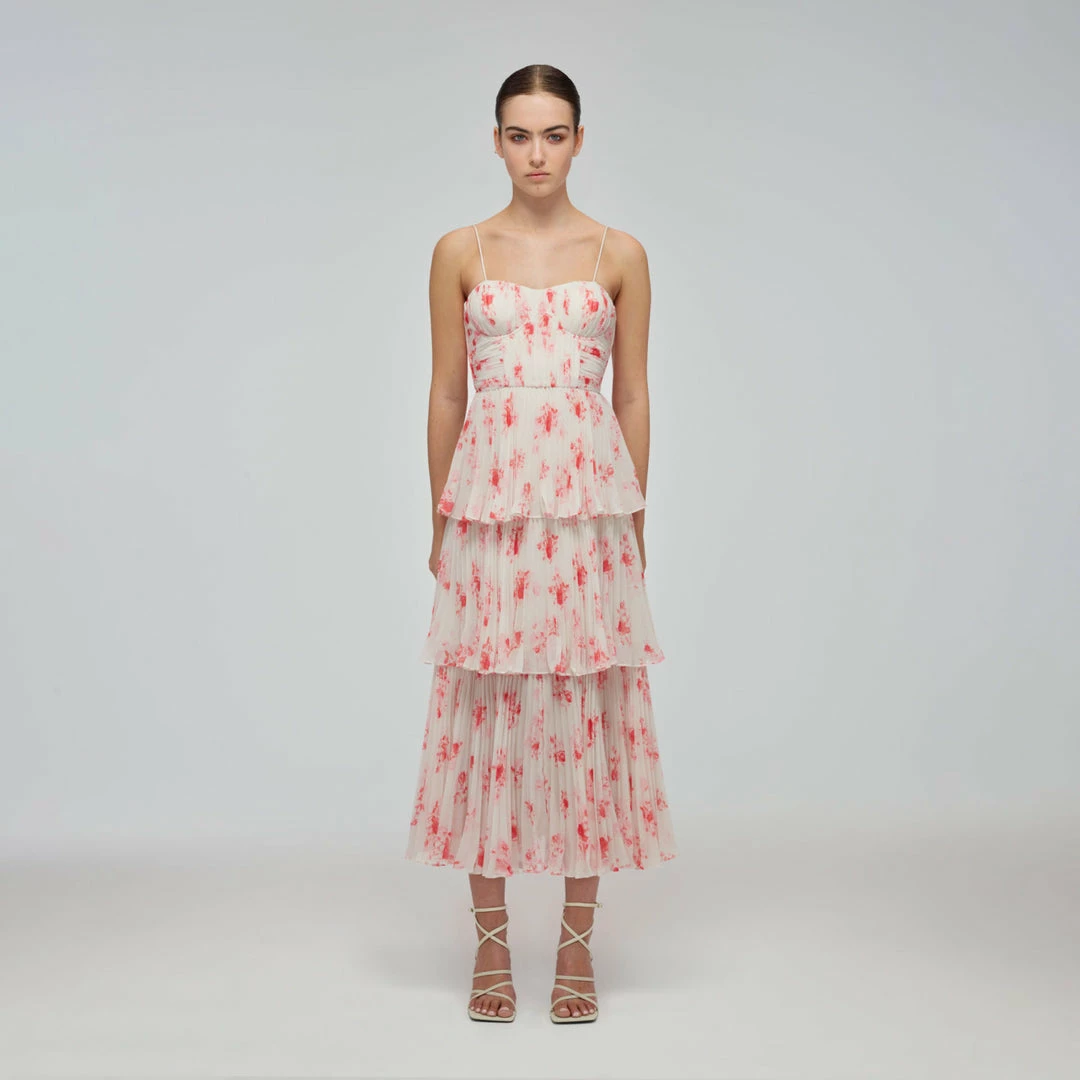 Self-portrait Floral Print Chiffon Tiered Midi Dress