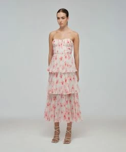 Self-portrait Floral Print Chiffon Tiered Midi Dress