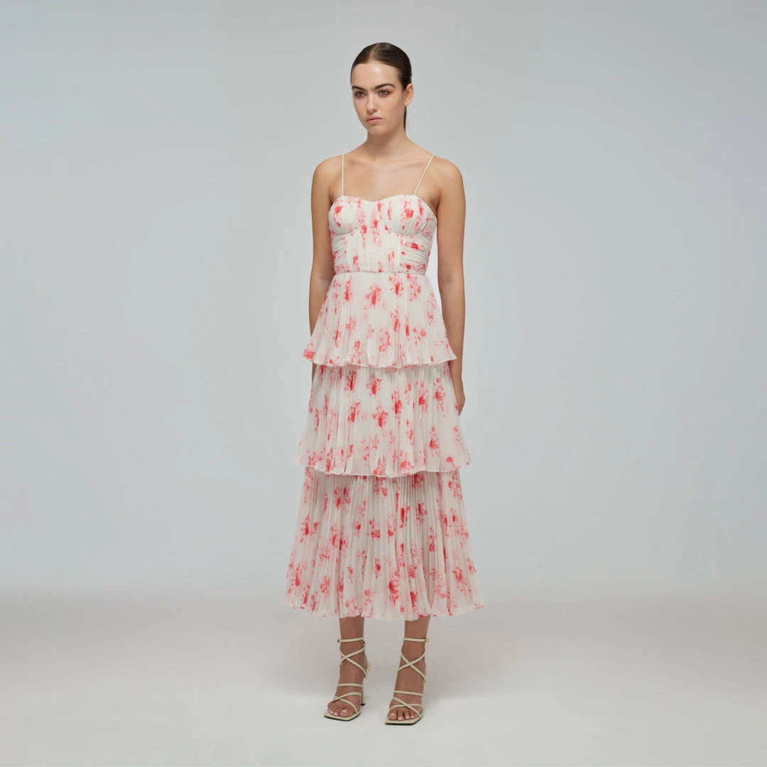 Self-portrait Floral Print Chiffon Tiered Midi Dress
