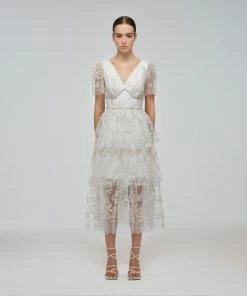 Self-portrait Ivory Blossom Sequin Two Tier Midi Dress