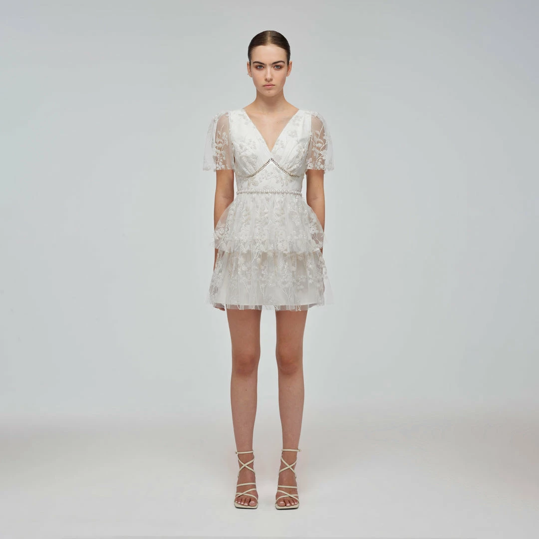 Self-portrait Ivory Blossom Sequin Two Tier Mini Dress