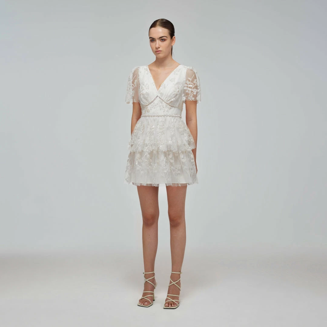 Self-portrait Ivory Blossom Sequin Two Tier Mini Dress