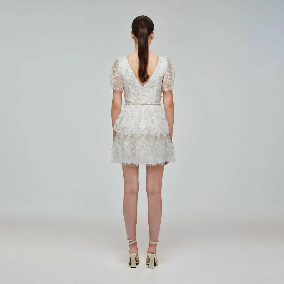 Self-portrait Ivory Blossom Sequin Two Tier Mini Dress