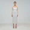 Self-portrait READY TO WEAR White Shirred Dot Mesh Midi Dress