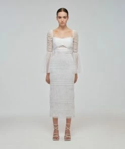 Self-portrait READY TO WEAR White Shirred Dot Mesh Midi Dress