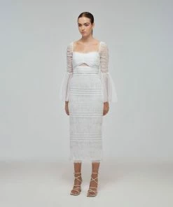 Self-portrait READY TO WEAR White Shirred Dot Mesh Midi Dress