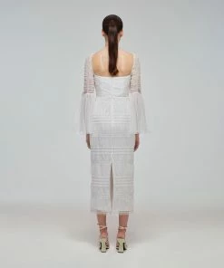 Self-portrait READY TO WEAR White Shirred Dot Mesh Midi Dress
