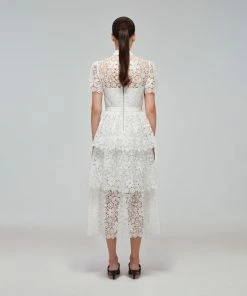 Self-portrait READY TO WEAR White Guipure Lace Tiered Midi Dress