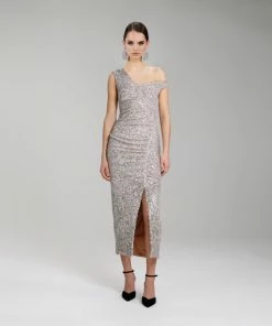 Self-portrait Sequin Gathered Asymmetric Midi Dress READY TO WEAR