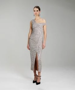 Self-portrait Sequin Gathered Asymmetric Midi Dress READY TO WEAR