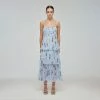 Self-portrait Blue Floral Sleeveless Chiffon Tiered Midi Dress READY TO WEAR