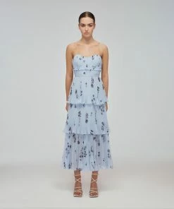 Self-portrait Blue Floral Sleeveless Chiffon Tiered Midi Dress READY TO WEAR