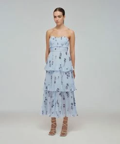 Self-portrait Blue Floral Sleeveless Chiffon Tiered Midi Dress READY TO WEAR